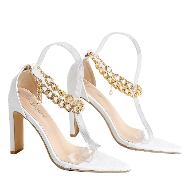 Women's Fashion Rhinestone Chain Thick High Heel Transparent Sandals