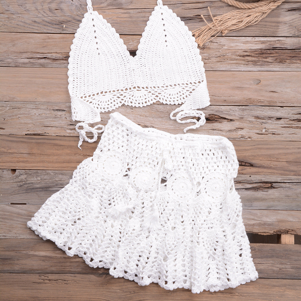 Fashionable Modern Hand-woven Beach Vacation Strappy Bikini Split Swimsuit Outfit