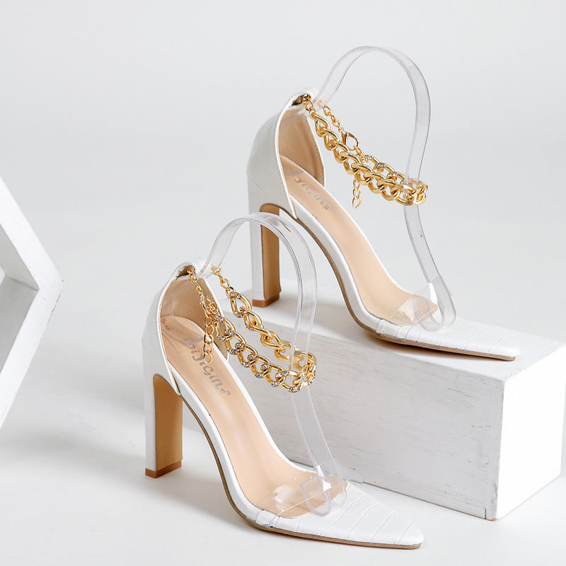 Women's Fashion Rhinestone Chain Thick High Heel Transparent Sandals