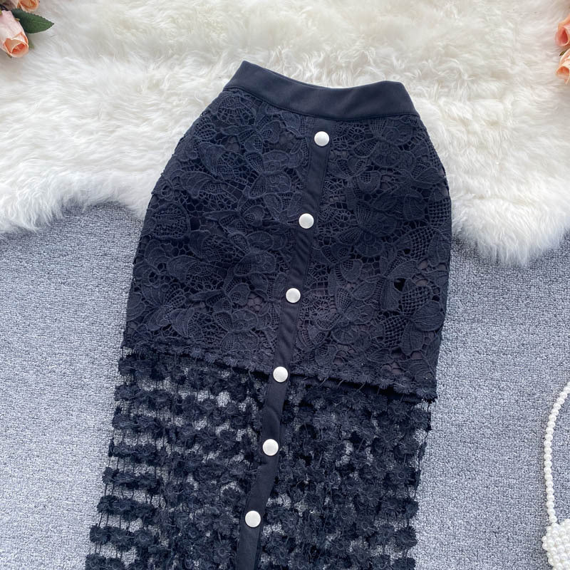 Sexy Black And White Hollow Outer Skirt Female Elegant Button Tempered Stickers Falda Party High-end Women's Clothing