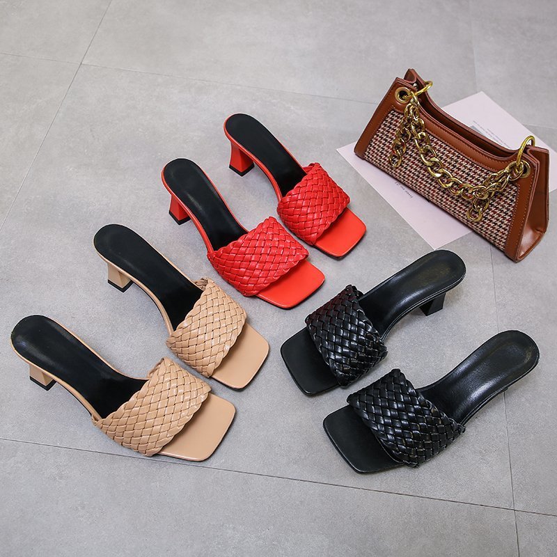 Woven thick heel women's shoes