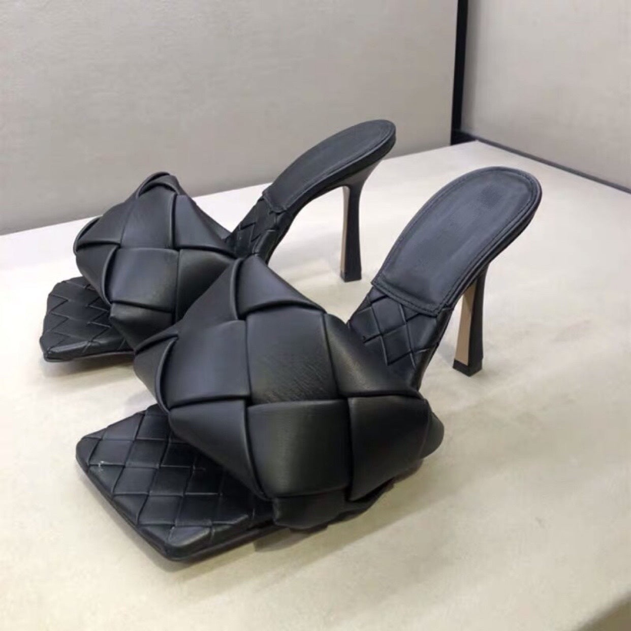 Square toe knit stiletto sandals