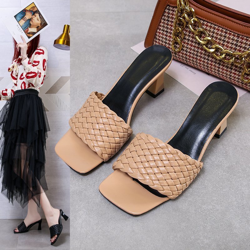 Woven thick heel women's shoes