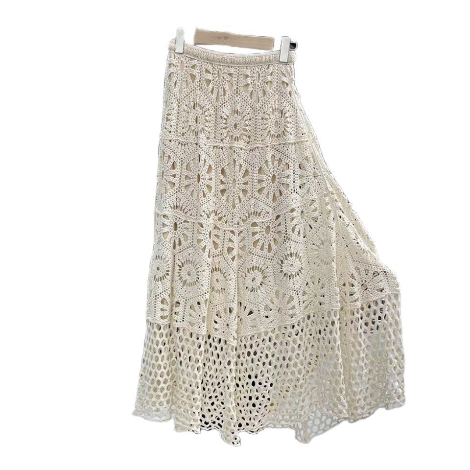 Lace Patchwork A- Line Skirt Holiday Style Hollow-out Midi Dress