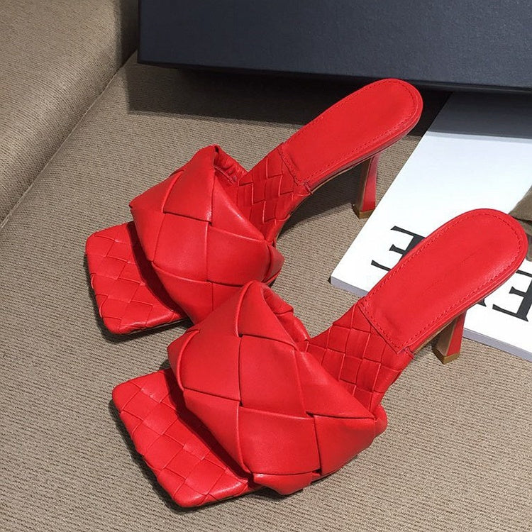 Square toe knit stiletto sandals
