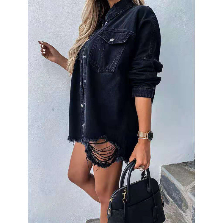 Long-Sleeved Women'S Jacket Ripped Denim Jacket Top