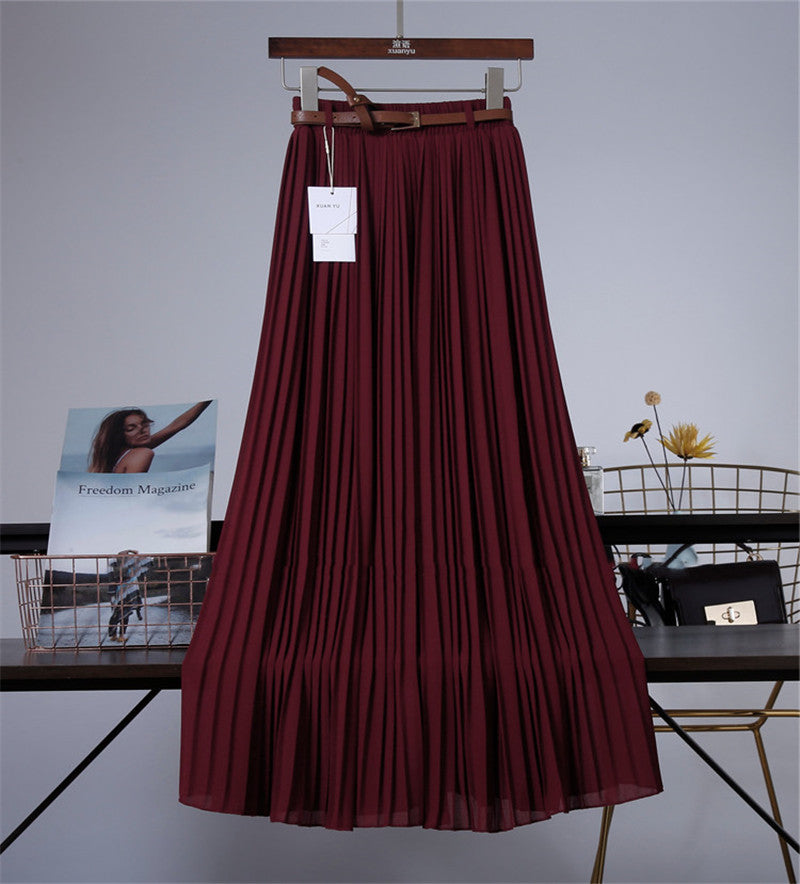 Pure Color Chiffon Mid-length Pleated Large-length Swingy Drape Skirt