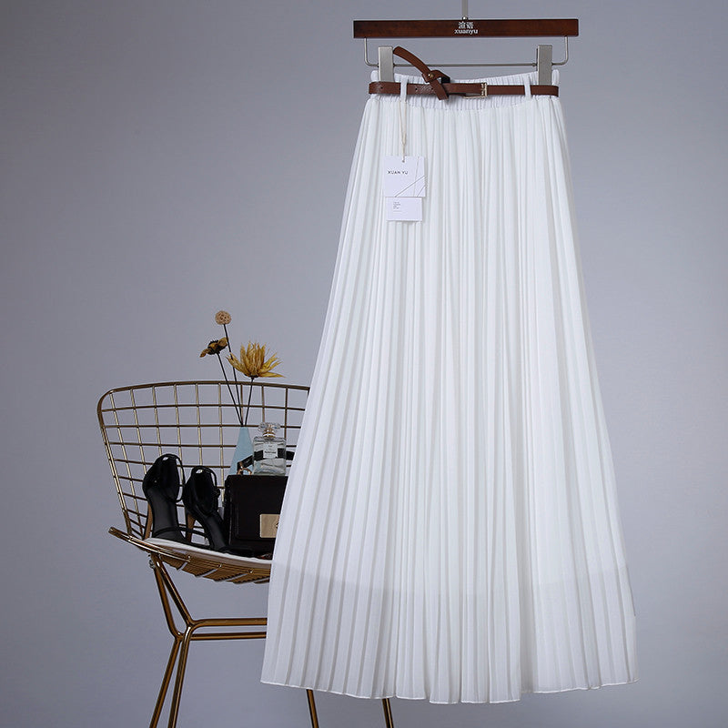 Pure Color Chiffon Mid-length Pleated Large-length Swingy Drape Skirt
