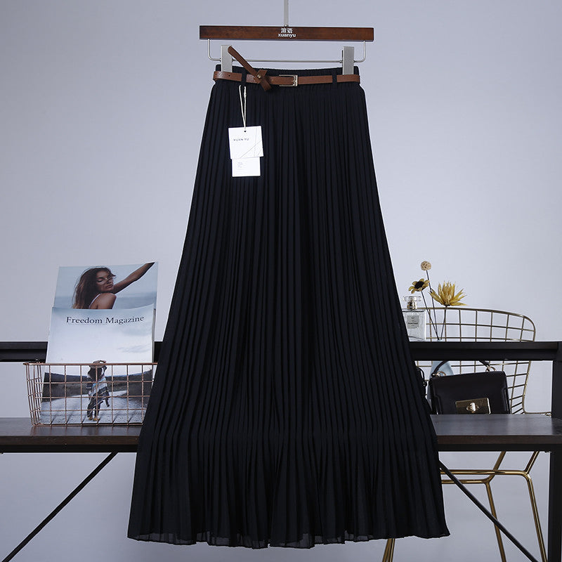 Pure Color Chiffon Mid-length Pleated Large-length Swingy Drape Skirt