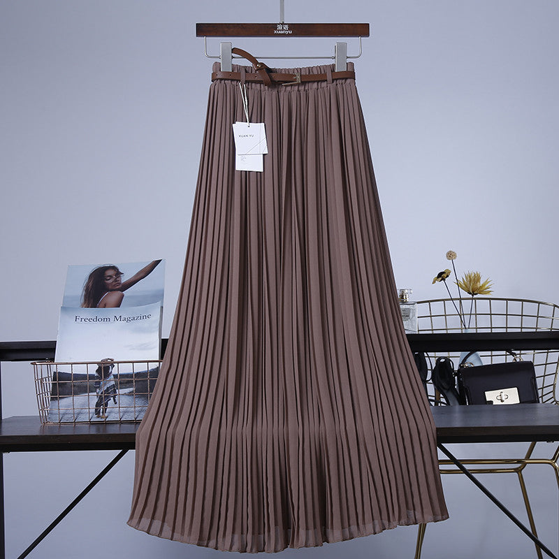 Pure Color Chiffon Mid-length Pleated Large-length Swingy Drape Skirt