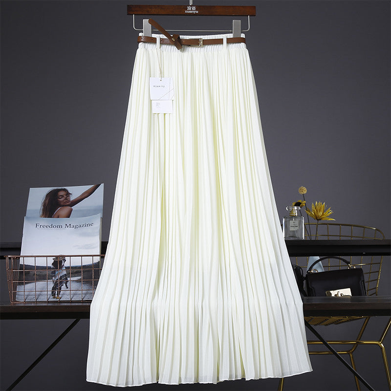 Pure Color Chiffon Mid-length Pleated Large-length Swingy Drape Skirt