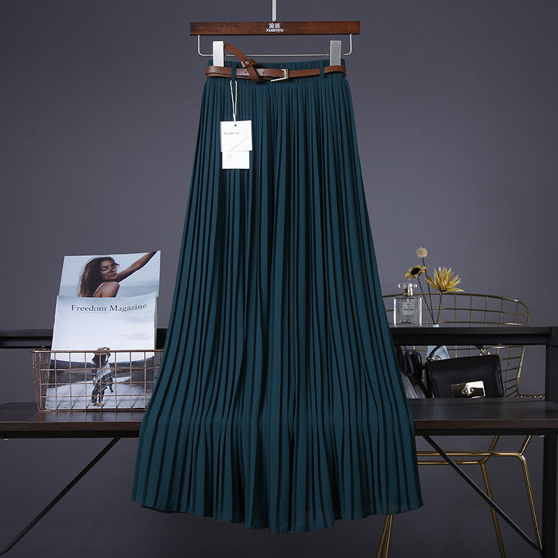 Pure Color Chiffon Mid-length Pleated Large-length Swingy Drape Skirt