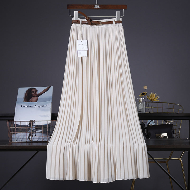Pure Color Chiffon Mid-length Pleated Large-length Swingy Drape Skirt