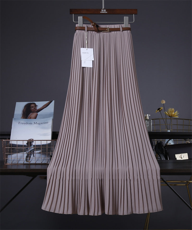 Pure Color Chiffon Mid-length Pleated Large-length Swingy Drape Skirt