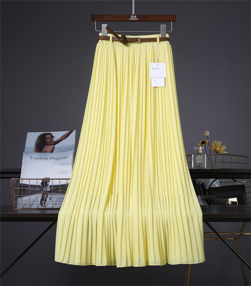Pure Color Chiffon Mid-length Pleated Large-length Swingy Drape Skirt