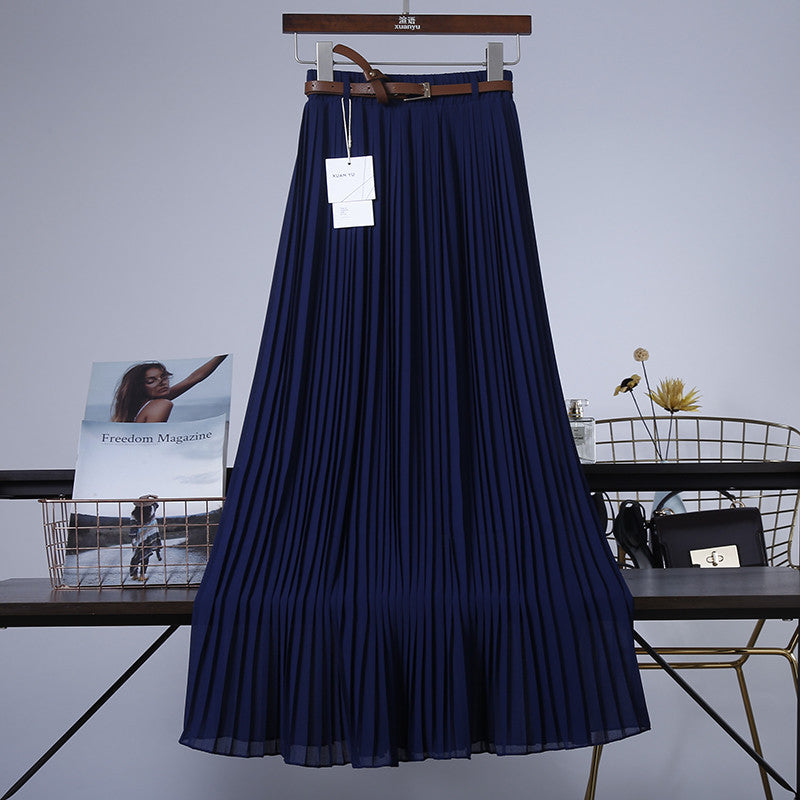 Pure Color Chiffon Mid-length Pleated Large-length Swingy Drape Skirt