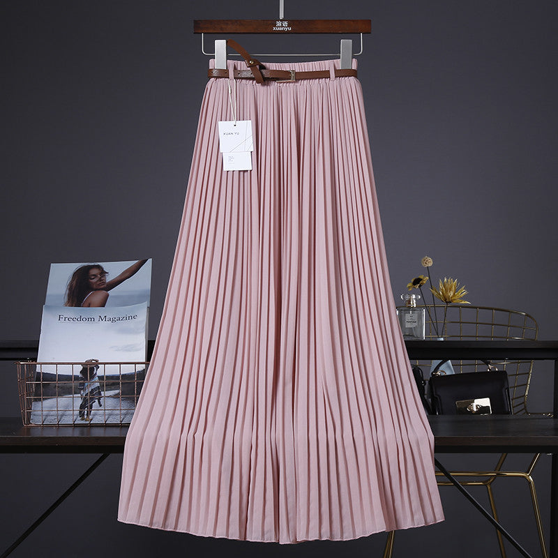 Pure Color Chiffon Mid-length Pleated Large-length Swingy Drape Skirt