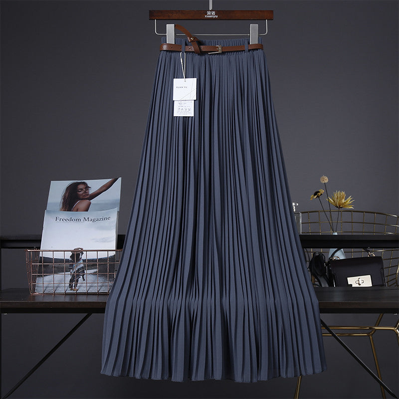 Pure Color Chiffon Mid-length Pleated Large-length Swingy Drape Skirt