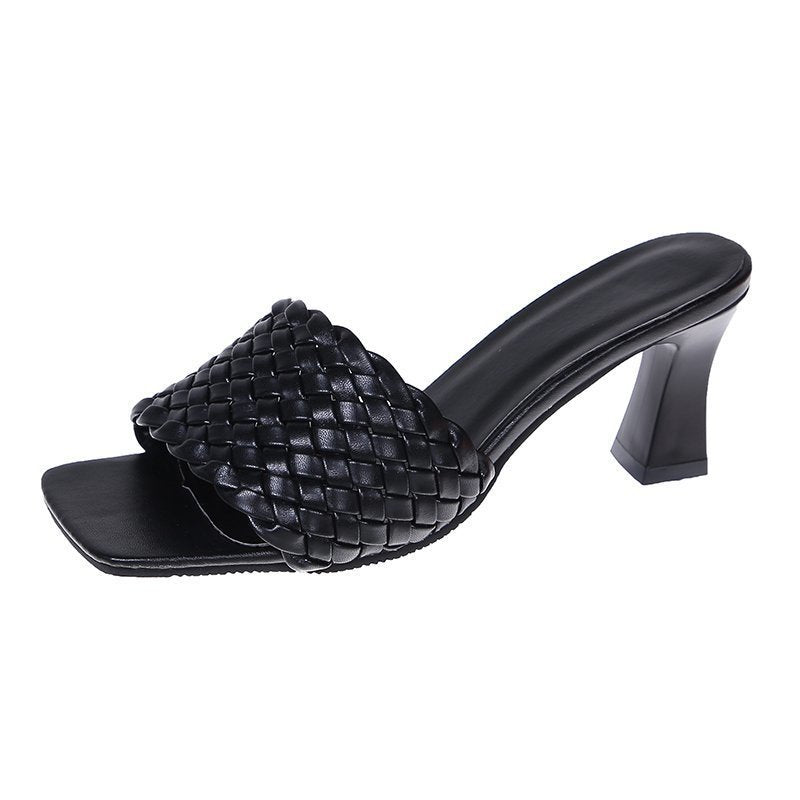 Woven thick heel women's shoes