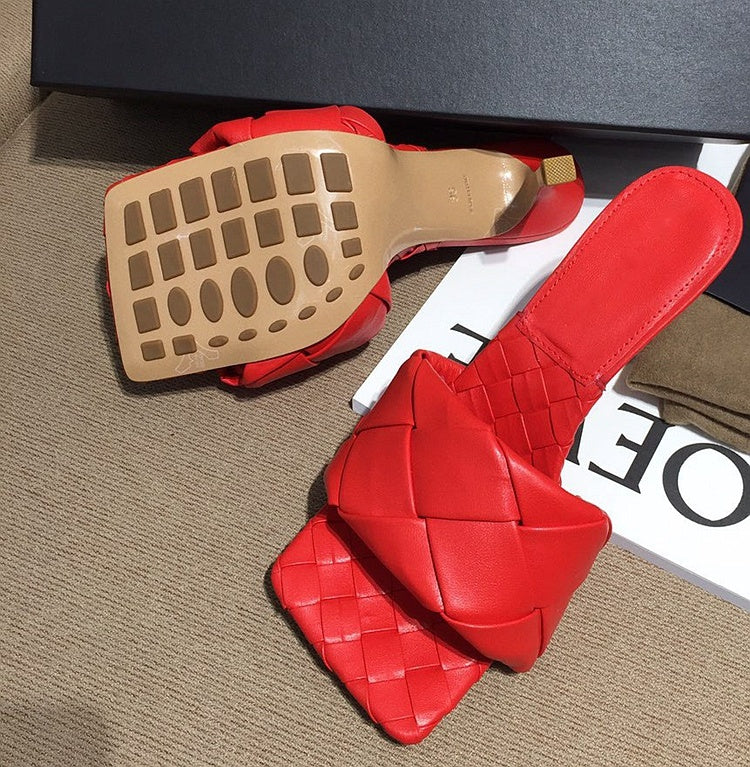 Square toe knit stiletto sandals