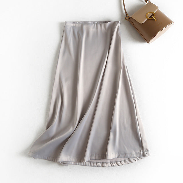 Summer Women Golden Satin Skirt Long Shiny Silk