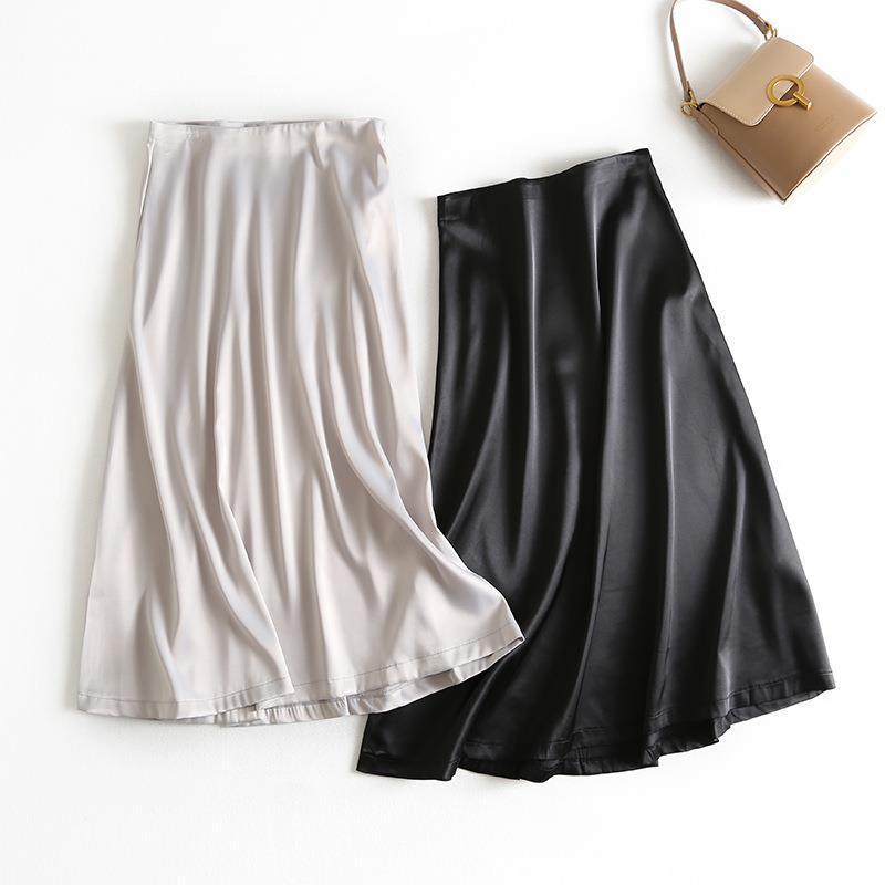 Summer Women Golden Satin Skirt Long Shiny Silk