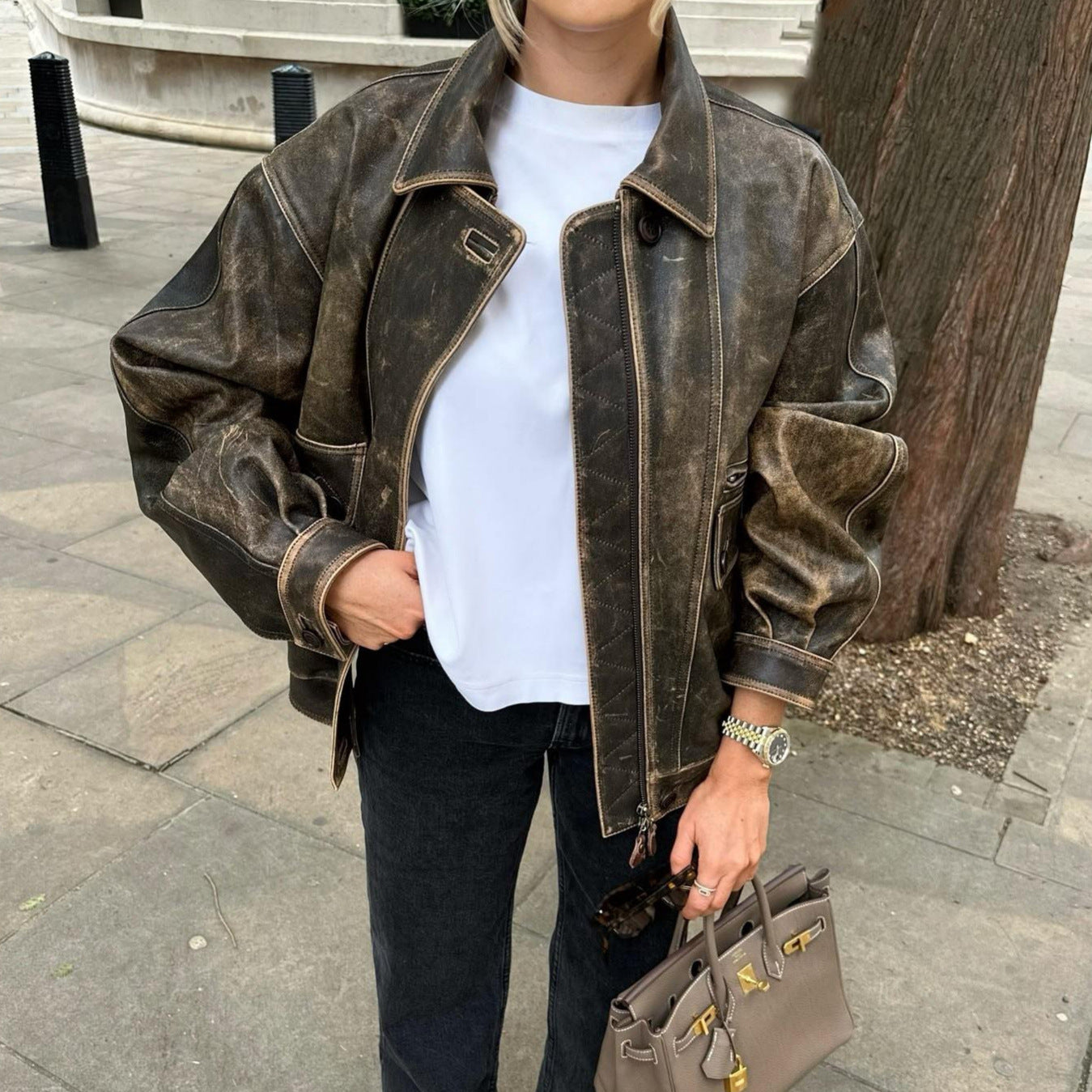 Jacket Coat Retro Washed Brushed Brown Distressed