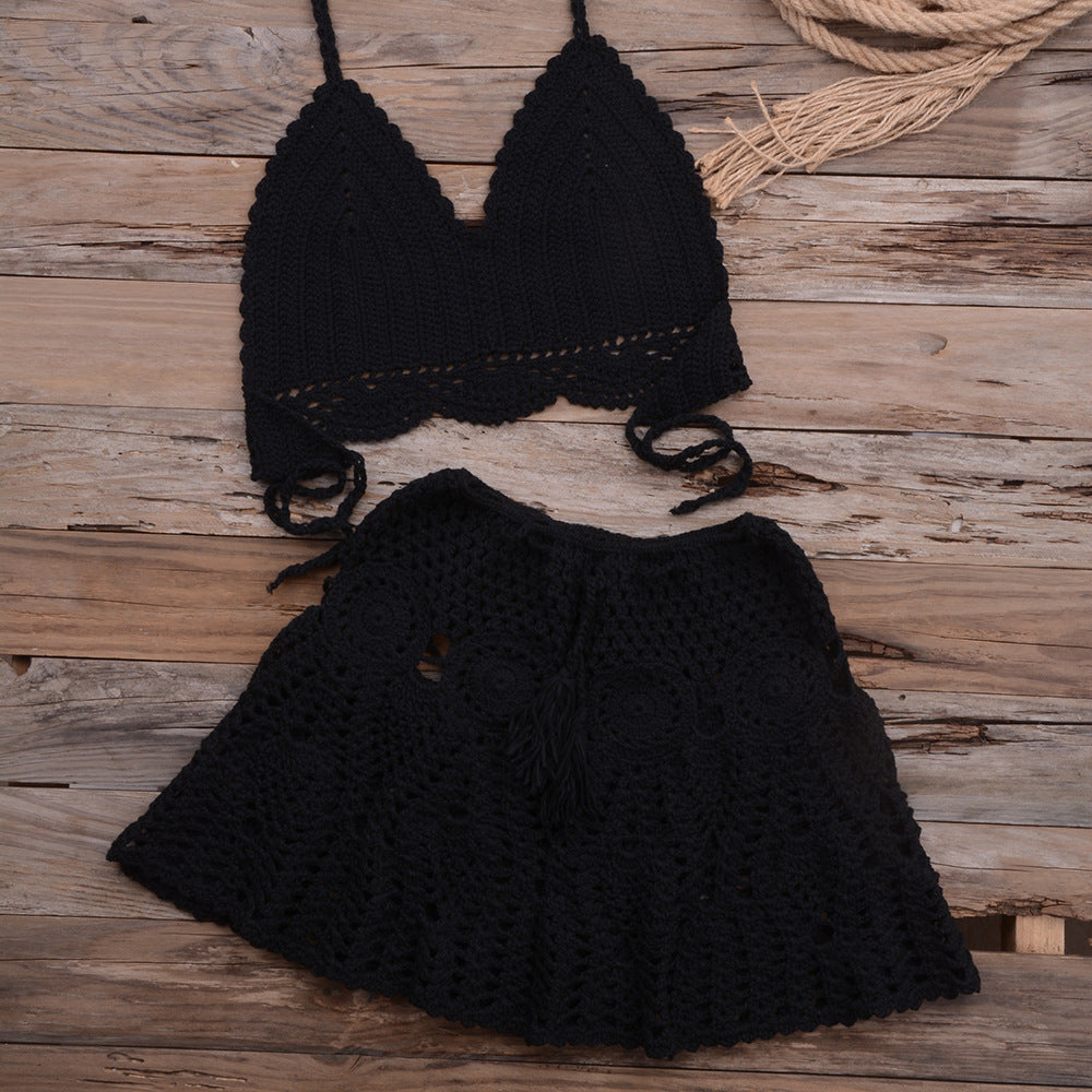Fashionable Modern Hand-woven Beach Vacation Strappy Bikini Split Swimsuit Outfit