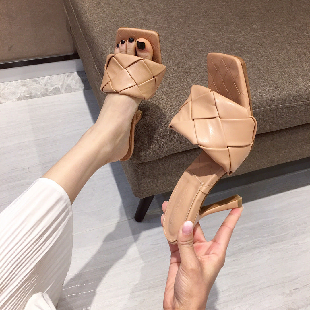 New Woven Square Toe Open-toed Sandals And Slippers