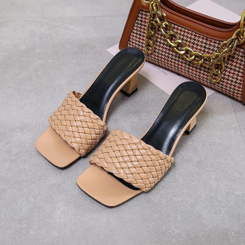 Woven thick heel women's shoes