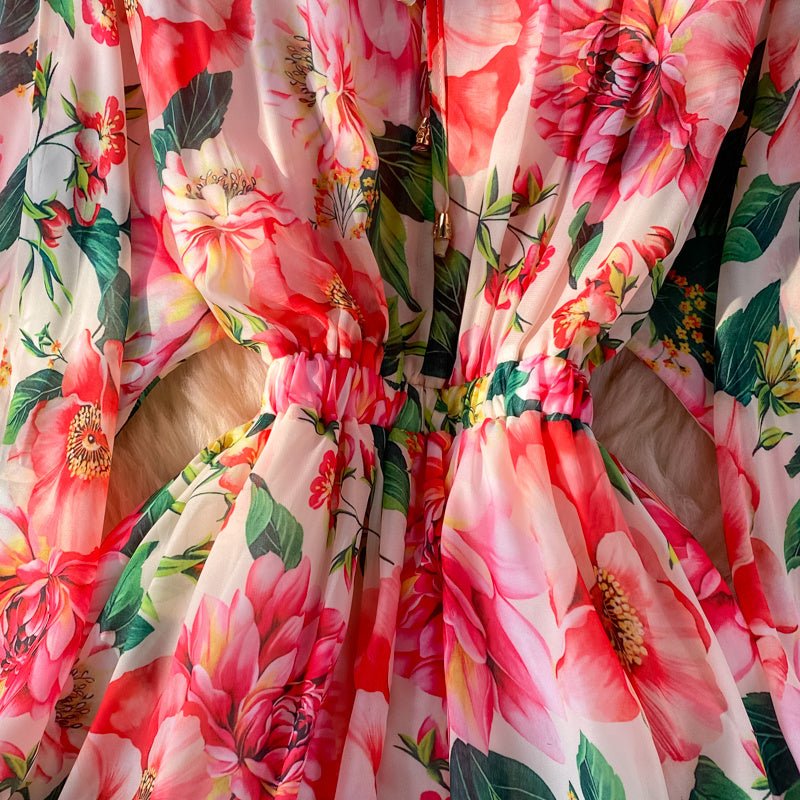 Feminine Round Neck Printed Over Knee Swing Holiday Chiffon Dress