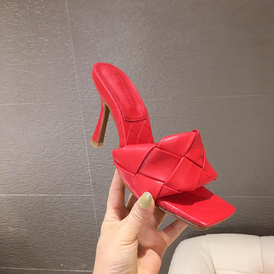 New Woven Square Toe Open-toed Sandals And Slippers