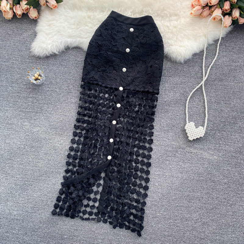 Sexy Black And White Hollow Outer Skirt Female Elegant Button Tempered Stickers Falda Party High-end Women's Clothing
