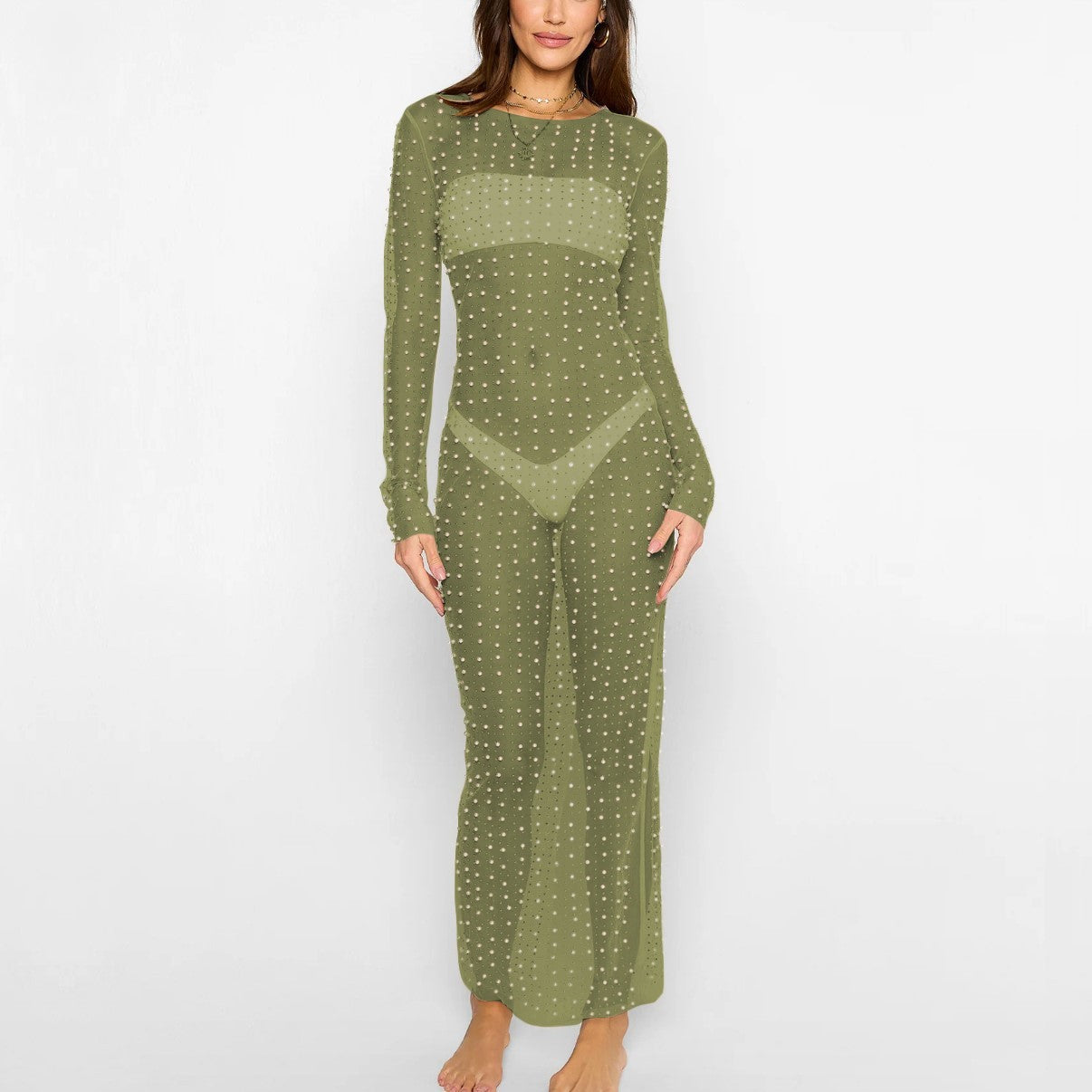 Fashion Bead Rhinestone Blouse Mesh Long Sleeve Dress