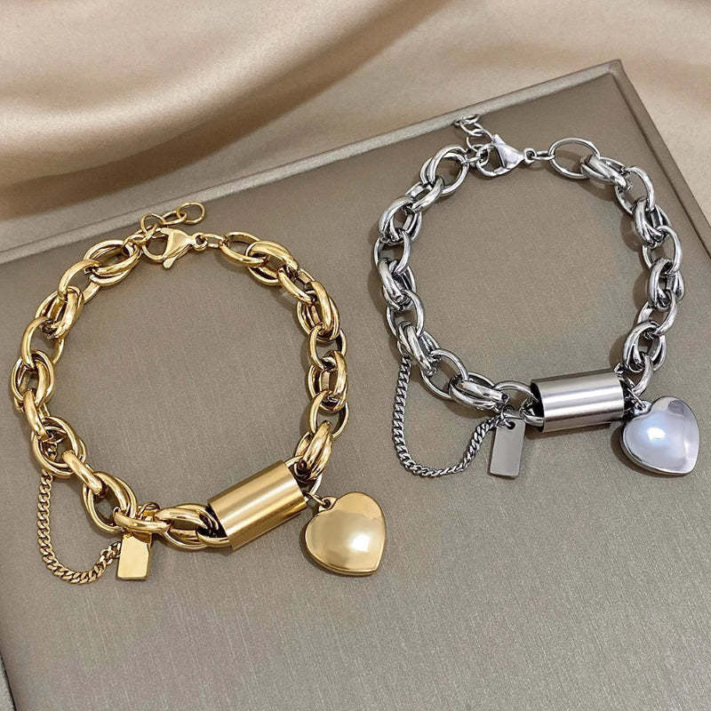New Stainless Steel Peach Heart Cuban Link Chain Bracelet Suit