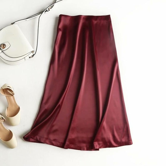 Summer Women Golden Satin Skirt Long Shiny Silk