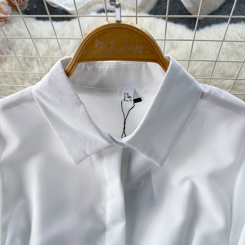Metal Buckle White Shirt Dress