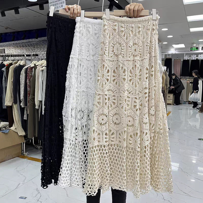 Lace Patchwork A- Line Skirt Holiday Style Hollow-out Midi Dress