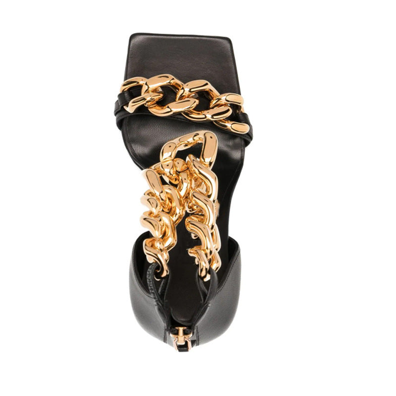 Square Toe Stiletto Chain Buckle Sandals European And American Snake Pattern