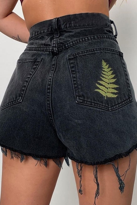Women's Vintage Black Embroidered Raw Edge Denim Shorts