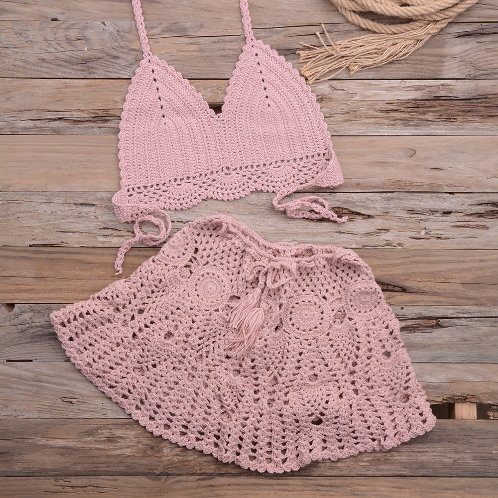 Fashionable Modern Hand-woven Beach Vacation Strappy Bikini Split Swimsuit Outfit