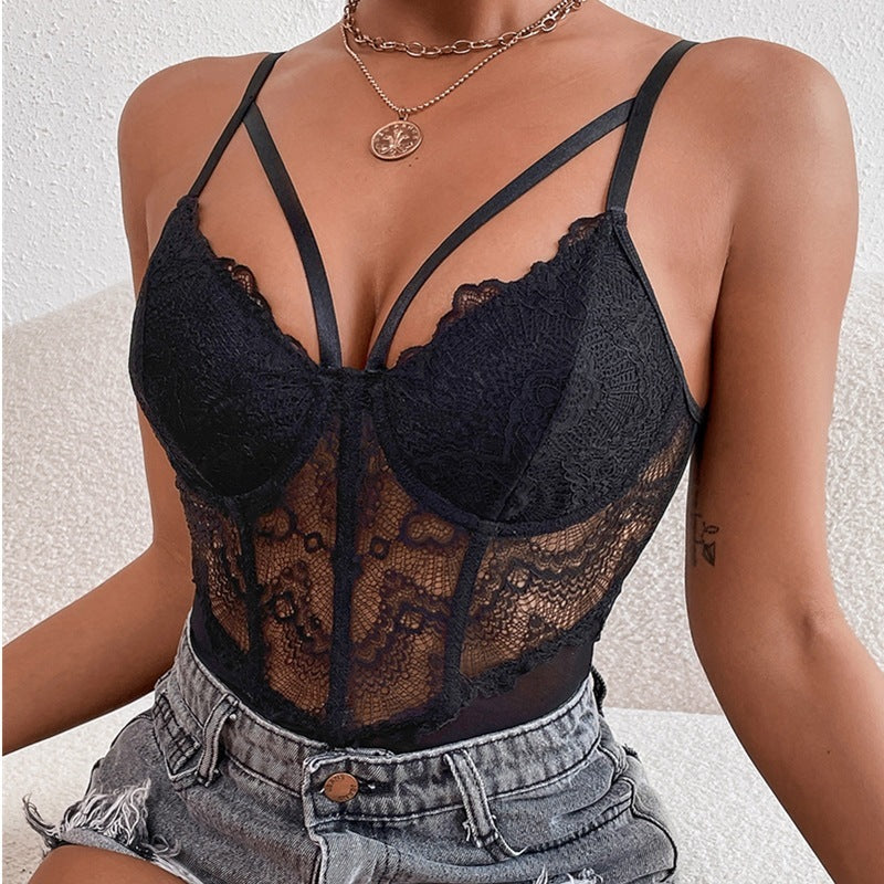 Black Slim Hot Girl See-through Lace Jumpsuit