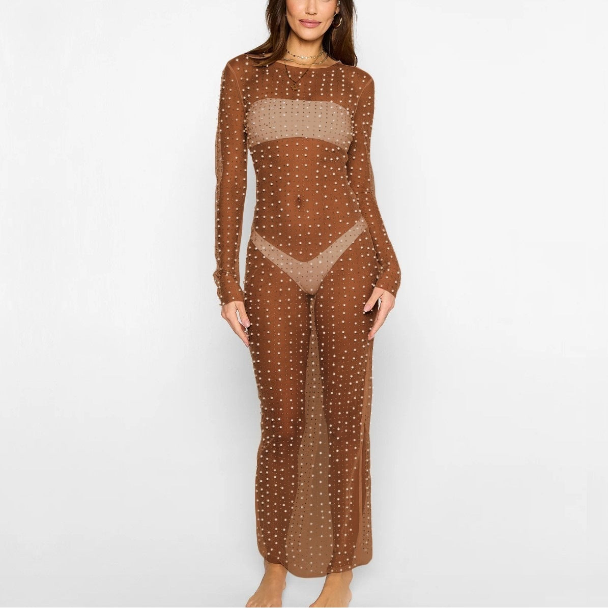 Fashion Bead Rhinestone Blouse Mesh Long Sleeve Dress