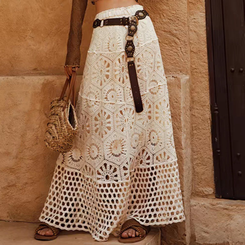 Lace Patchwork A- Line Skirt Holiday Style Hollow-out Midi Dress