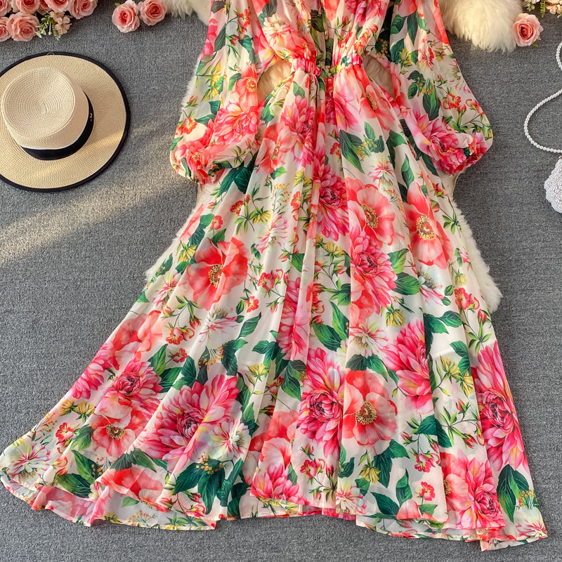 Feminine Round Neck Printed Over Knee Swing Holiday Chiffon Dress