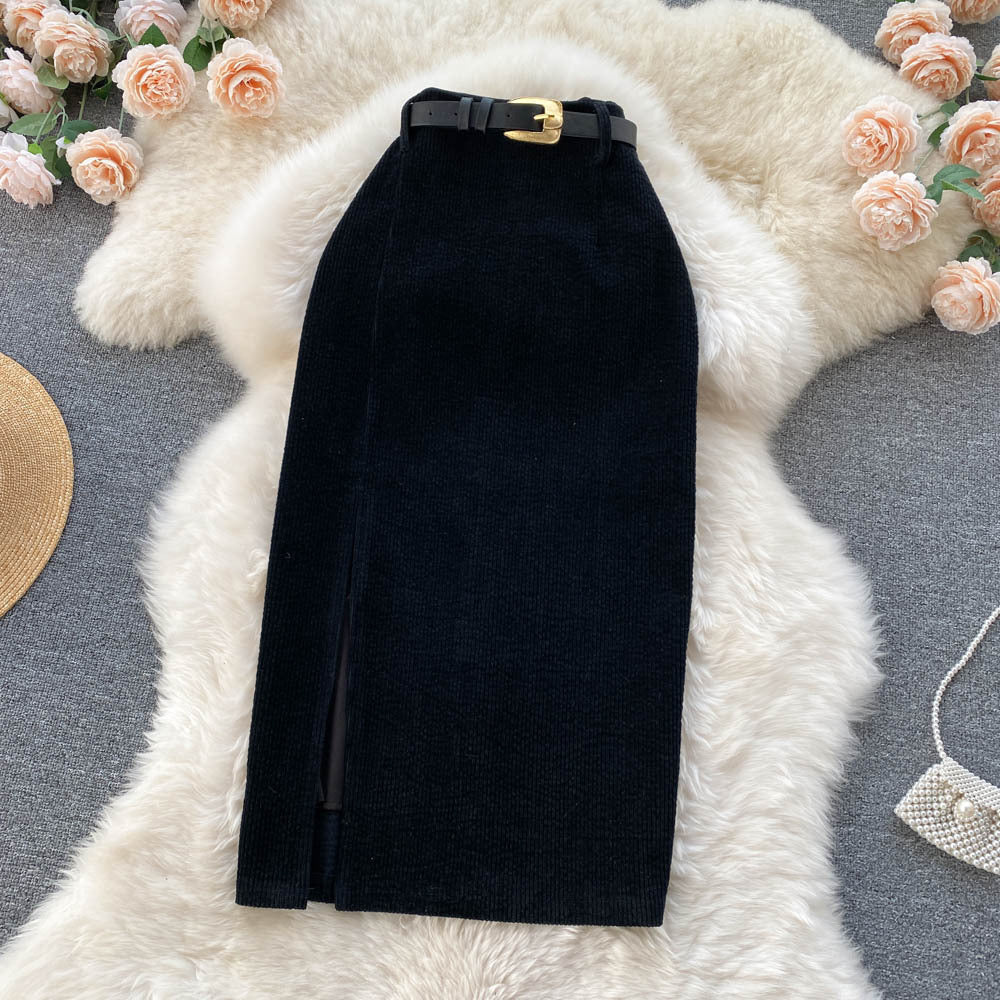 Early Autumn Hong Kong Style Retro Split Skirt Winter With Sweater Mid-length