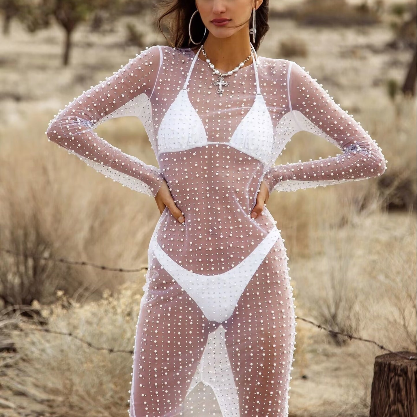 Fashion Bead Rhinestone Blouse Mesh Long Sleeve Dress