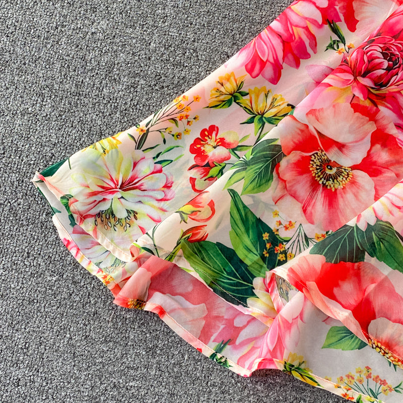 Feminine Round Neck Printed Over Knee Swing Holiday Chiffon Dress