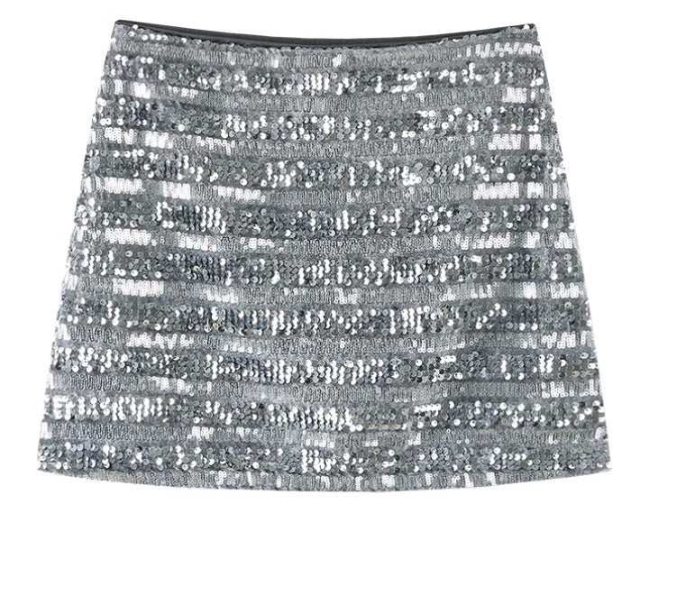 American Design Temperament Hot Girl High Waist Silver Paillette A- Line Skirt