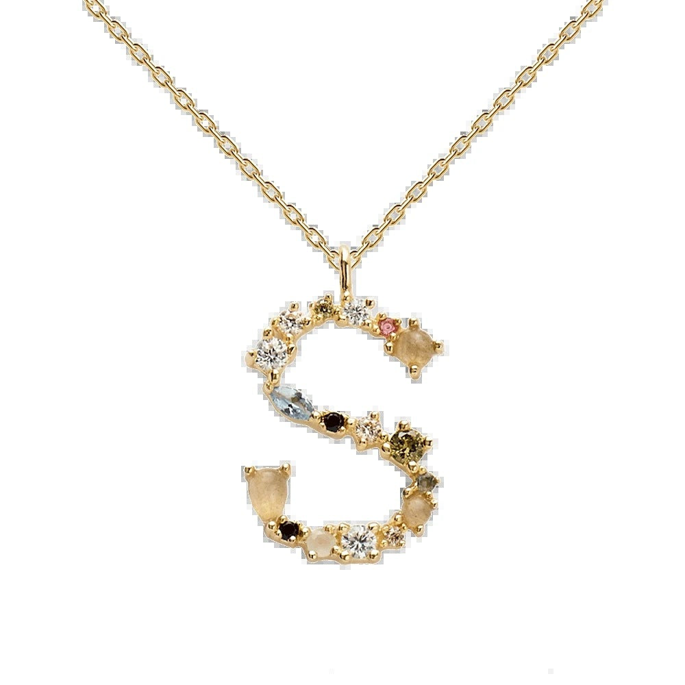 English Letter Necklace Female Colorful Crystals Gem S925 Pure